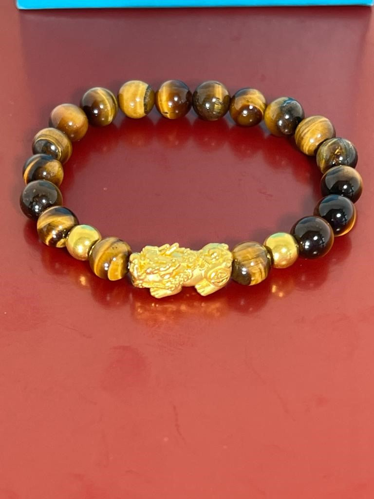 999 Yellow Gold Pi Xiu Bracelet Tiger's Eye 8mm and 6mm