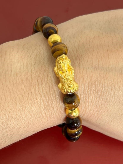 999 Yellow Gold Pi Xiu Bracelet Tiger's Eye 8mm and 6mm