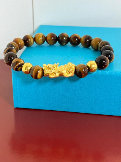 999 Yellow Gold Pi Xiu Bracelet Tiger's Eye 8mm and 6mm